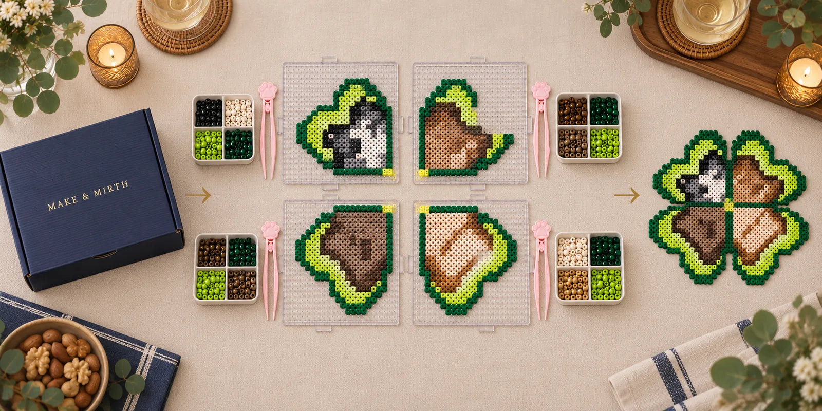 Make & Mirth four-person fuse-bead kit from opening to finished clover